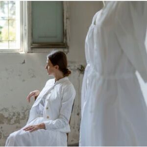 HANNOH WESSEL H+ Navy Cotton Dress French Minimalist Fit & Flare Raw Hems 40 L 8